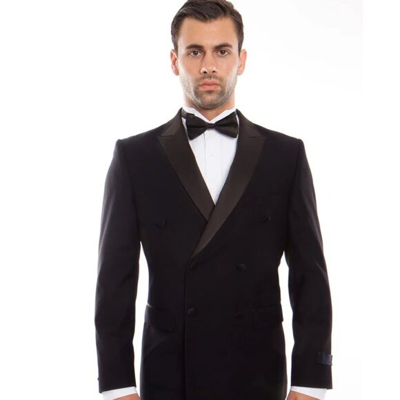 Mens Slim Fit Double Breasted Wool Tuxedo in Black - Mens Slim Fitted Tuxedo - Picture 1 of 2